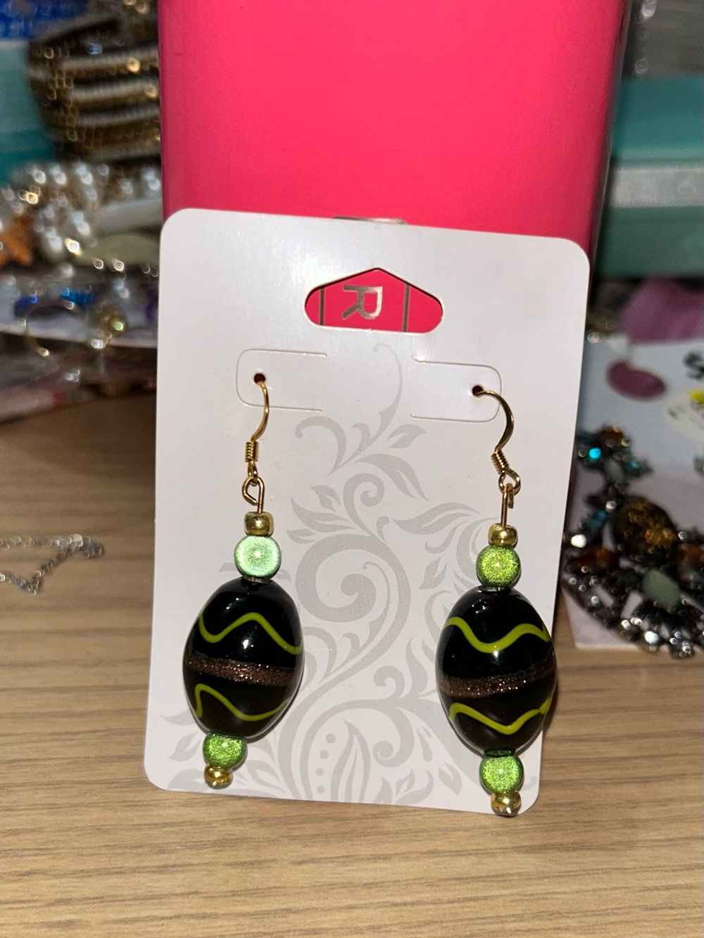 Artisan Black and Lime Green Swirl Glass Drop Earrings